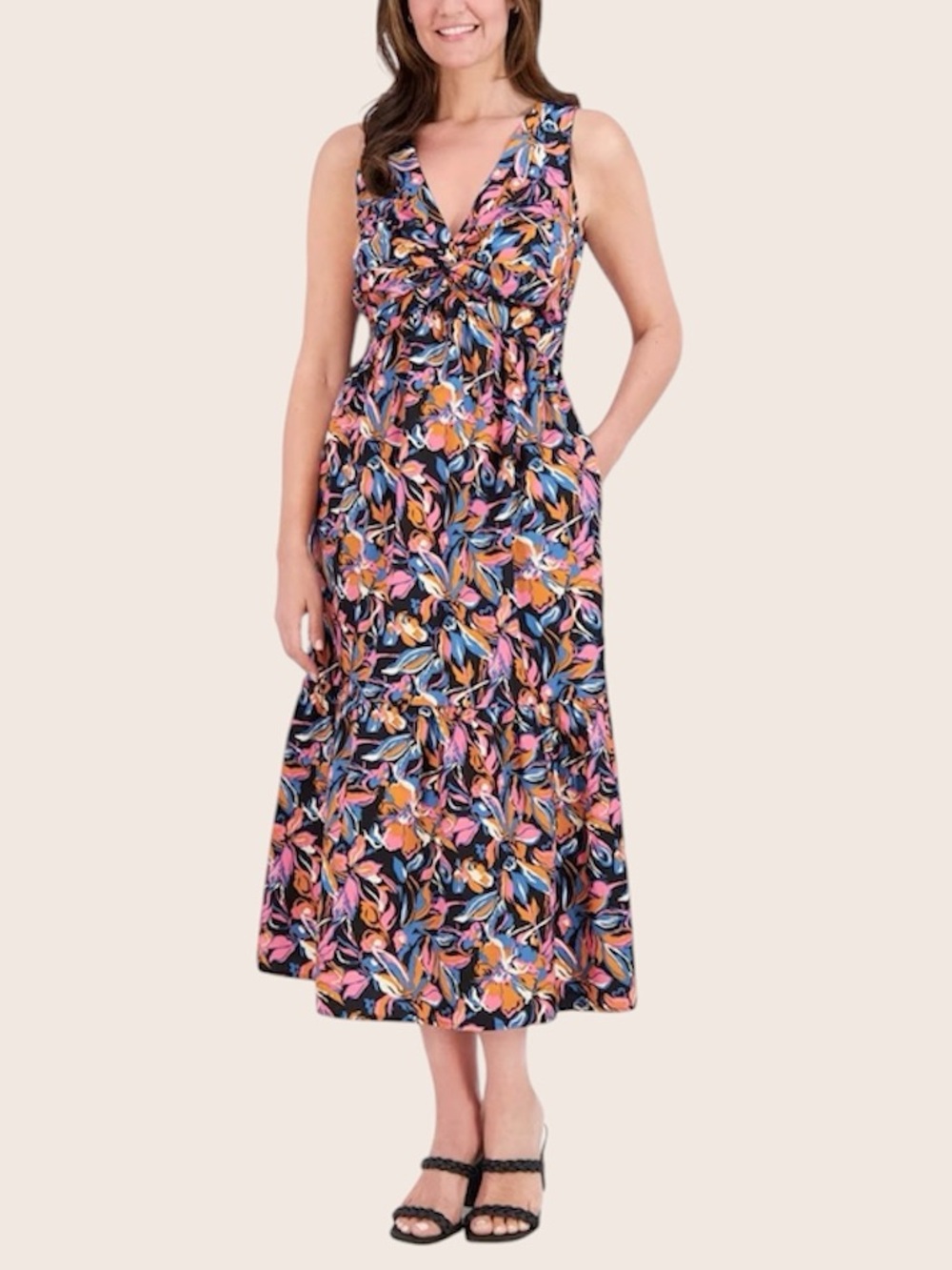 French Connection Cotton Tie Front Midi Dress Pockets Floral Print Large